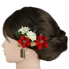 七五三 髪飾り 三歳 七歳 日本髪 花 2点セット 赤 白 ゴールド 緑 つまみ細工 ビラ 平組紐 パッチン留め ぱっちんピン ちりめ No.9-5393