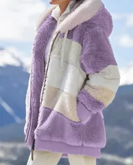 【パープル】ファーコート ジャケット フェイクファー アウター フード付き レディース  秋冬 ボーダー フーディー もこもこ 暖かい おしゃれ 大人カジュアル コーデ 防寒 ゆったり