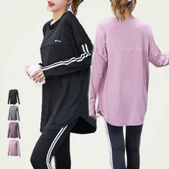 ヨガウェア 長袖 トップス レディース 指穴 ロング丈 無地 ライン ロゴ 黒 ラウンドネック ドロップショルダー ゆったり xzjhbjr#