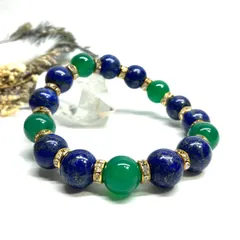 ラピスラズリ&緑瑪瑙 パワーストーン ブレスレット 天然石ブレス (ゴールド) 12mm メンズ　レディース 男性 女性 9月・12月誕生石 幸運 金運 厄払い 数珠   [1]