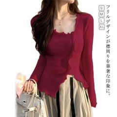 カットソー レディース 長袖 ニットカットソー Tシャツ ニットソー トップス プルオーバー 薄手 セーター メロー フリル Vネック 無地 スリット スリム 伸縮性 カジュアル きれいめ 春秋 秋服#goudoudou5281