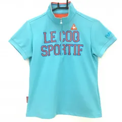 ルコックゴルフ 半袖ハイネックシャツ ライトブルー×オレンジ フロントロゴ ハーフジップ レディース L ゴルフウェア le coq sportif