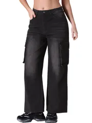 Allegra K レディース カーゴジーンズ ハイウエスト カジュアル バギー ワイドレッグ デニムパンツ ポケット付き ブラック M