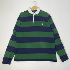 POLO RALPH LAUREN/ポロラルフローレン CUSTOM FIT ラガーシャツ ボーダー ポニー刺繡 長袖 ポロシャツ ワンポイント刺繡 オーバーサイズ ビッグシルエット SRILANKA製 メンズ L グリーン/ネイビー/ホワイト