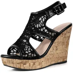 Perphy レディース用レース アンクル ストラップ プラットフォーム ウェッジヒール サンダル 黒 24.5cm