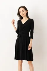 フィフィーユ(FIFILLES)ワンピース T1 T2 T3サイズ 七分袖 膝丈 カシュクールネック 無地 ジャージー生地 レディース フランス製 ワンピース ブラック