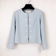 【未使用品】EVENTAIL 日本製 ノーカラーストレッチジャケット ダブルブレザー M 9号 水色 ライトブルー ポリエステル ポリウレタン レディース 春夏 スプリングサマー オケージョン フォーマル