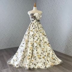 カラードレス　黄色　プリント　オーガンジー　バラプリント　リボン付き　Mサイズフリー