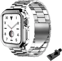 adzu 互換品Apple Watch互換品 ステンレス バンド 保護ケース付き アップルウォッチ用 メタル 腕時計 ベルト SE2 Ultra(シルバー,  49mm)