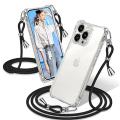 iPhone 15 Pro ケース クリア ショルダー 耐衝撃 iPhone15Pro スマホケース 透明 織りストラップ付き 肩がけ 首掛け 紐付き アイフォン15Pro カバー 縄掛け シングルショルダーロープ 斜めがけ 調節可能なショルダー クロスボ 0