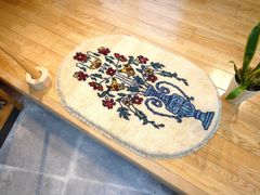 ペルシャ　ギャッベ　玄関マット　92Φ62㎝ 小判型　楕円形　ベージュ　花　花瓶　RJ14681