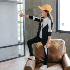 ☆ ブラック×ホワイト ☆ 130cm ☆ ジャージ セットアップ pmymef01 韓国 ジャージ セットアップ 女の子 上下 長袖 部屋着 ルームウェア ジップアップ カジュアル かわいい 子供服 キッズ ジュニア 子供 こども 子ども スポーツ 運動