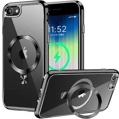 【CD MagSafeリング・スタンド一体】iPhone SE3用クリアケース iPhone SE2 第2世代 iPhone 8 用ケース [MagSafe対応・隠しスタンド] [本体の色・メッキバンパー]ストラップホール付き 角度調整可 米軍MIL規格取