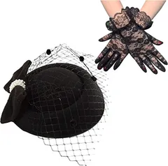 Sweet+ トーク帽 カクテルハット ヘッドドレス パール リボン レース付き パーティー 結婚式 アクセサリー 手袋 セット 黒 B( 黒 B,  Free Size)