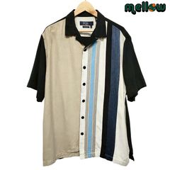 Nat Nast オープンカラーシャツ 半袖 シルク チェーンステッチ ライン入り ブラック×ベージュ×ライトブルー サイズ：メンズ L ナットナスト 開襟 American fit 古着 【中古】