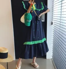 新品 セーラー ビック襟 バイカラー フリル パフ バルーン ロング丈ワンピース