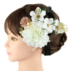 髪飾り 成人式 つまみ細工 振袖 前撮り 袴 2点セット 花 白 黒 ゴールド ちりめん 組紐 房 造花 パール ビーズ ラメ レース 大 No.9-5167