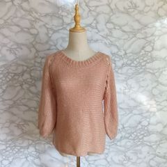 ジルスチュアート　JILL STUART  　五分袖ニットセーター　レディース　【FR】　ピンク　桃色　バルーン袖　オフショルダー　バックリボン　かわいい　羊毛混　モヘア混　ざっくり編み　おしゃれ