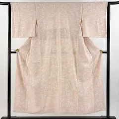 【美品】 小紋 身丈151cm 裄丈63.5cm S 袷 葡萄唐草 ピンクベージュ 正絹 秀品 【中古】