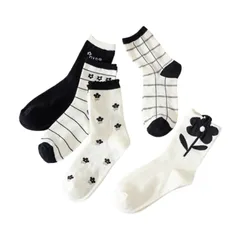[3MDGHD] 靴下 ソックス レディース 婦人 女子 花柄 モノクロ かわいい 個性的 レギュラー 丈 サイズ 5足 セット 組 (JP, アルファベット, Free Size, モノクロ) [モノクロ] [Free Size]