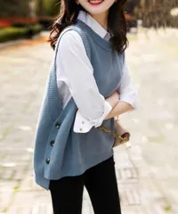 ニットベスト サイドスリット 春秋 重ね着 アイボリー レディース 韓国 ノースリーブ ニットトップス サイドボタン ラウンドネック ニットジレ プルオーバー カジュアル ベスト おしゃれ 春秋 無地 秋冬 チョッキ 84YRZP-001