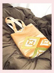 帯リメイクのトートバッグ◇金刺繍◇波模様◇鶴モチーフ◇橙色◇OBIシリーズ