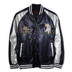 スカジャン メンズ サテンジャンパー スーベニア ジャケット スカジャン 横須賀 ジャンバー サテンジャケット 金 銀 黒 ブラック 白龍虎 ハク リュウ トラ 和柄 ラグラン ブルゾン 春 秋 冬 スーベニアジャケット メンズ スカジャン 白龍虎/NAVY