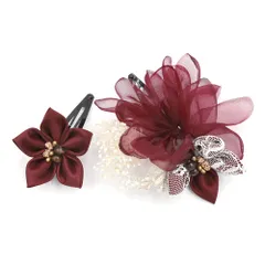 髪飾り 成人式 つまみ細工 カスミソウ シフォン レース サテン ビーズ ゴールド 振袖 前撮り 袴 花 臙脂 ワインレッド ボルド No.9-5528