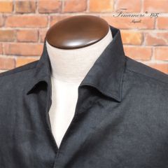春夏/Finamore/42cm/リゾート シャツ USTICA さっぱり麻 イタリアンカラー 無地 長袖 イタリア製 新品/黒/ブラック/kd284/