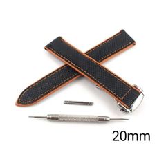 20mm 腕時計 ナイロン×レザー 革ベルト ブラック×オレンジ Dバックル 【対応】 オメガ スピードマスター/シーマスター/プラネット