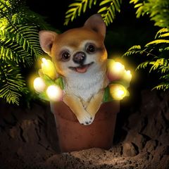 ソーラーライト ガーデンライト ガーデンオーナメント 鉢植えの中に入っているチワワ 犬 イヌ 庭オブジェ 癒しグッズ ガーデニング お庭