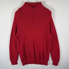 古着 トミーヒルフィガー TOMMY HILFIGER セーター ハーフジップトレーナー コットンニット ワンポイントロゴ 大きいサイズ XXL  レッド メンズ