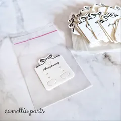 60枚セット OPP袋付き【リボン柄 ピアス台紙】3x4cm ホワイト アクセサリー展示用 イヤリング対応