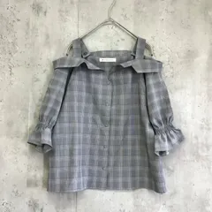 MAJESTIC LEGON マジェスティクレゴン　オフショルダー5分袖ブラウス　グレー×チェック柄　レディース　Mサイズ