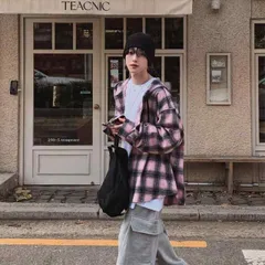 秋冬 メンズ  服 シンプル ファッション オシャレ 大人 かっこいい 大きいサイズ ストリート 紳士服 フード付き ピンク チェック柄 シャツ 韓国スタイル カーブ 裾 カジュアル ジャケット