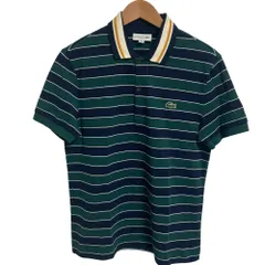 美品 LACOSTE ラコステ レギュラーフィット ボーダー柄 半袖 鹿の子 ポロシャツ カットソー サイズ3 グリーン ネイビー メンズ 古着 中古 USED