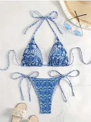 【新品】レディース 幾何学パターンニットファブリックビキニセット