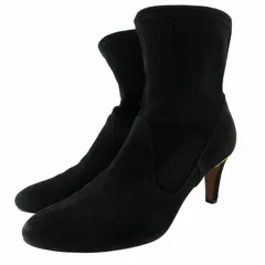 ランバンオンブルー LANVIN en Bleu スエード ショート ブーツ シューズ ヒール ストレッチ ゴールド金具 黒 ブラック 23㎝ 0409 