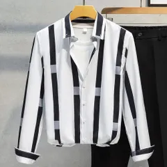 ☆ ホワイト×ブラック ☆ 4XLサイズ ☆ カジュアルシャツ カジュアルシャツ 長袖 メンズ シャツ 長袖シャツ メンズシャツ ストライプシャツ ボタンダウンシャツ 前開き ボタン カジュアル ストライプ柄 男性 紳士 大人 紳士服 春服 秋服