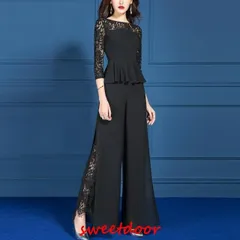 パンツドレス かっこいい セットアップ 結婚式 お呼ばれドレス パーティードレス 袖あり レディース ペプラムトップス 黒 大きいサイズ 3L 4L