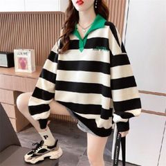 韓国 レディース ボーダー ラガーシャツ風 スウェット トレーナー 大人気