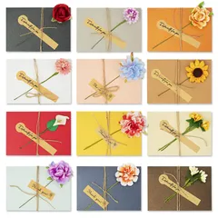 【数量限定】かわいい 封筒シール付き 挨拶状 封筒付き 12枚セット 12種類 結婚式 手作り造花 グリーティングカード 記念日 花束 母の日 感謝カード お祝い ミニ型 プレゼント メッセージカード (花束) [TEMLUM]