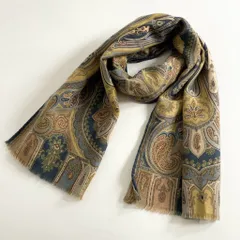 h27 イタリア製 ETRO エトロ ストール マフラー ペイズリー柄 イエロー×ブルー ウール×シルク素材 ユニセックス 男女兼用のサムネイル