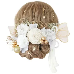 Bud Flower バドフラワー 髪飾り ナチュラル リボン タッセル ドライフラワー 成人式 卒業式 水引 金箔 和装 振袖 袴 ヘッドドレス 結婚式 七五三 hair-205 (ホワイト) 0