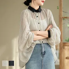 ブラウス 長袖 レディース 紫外線対策 シャツ シンプル 透け感 シースルー 襟 ドット オフィス お尻が隠れる ロング ぽわん袖 二の腕カバー ゆったり トップス レディースファッション GqGu483