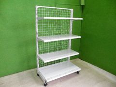 オカムラ製 H155cm×W90cm 単体片面3段エンド什器(キャスター付き) 背面ネットタイプ キックプレート無し■陳列棚/システム什器■S-614