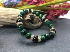 パワーストーン ブレスレット グリーンタイガーアイ&オニキス (ゴールド) 8mm レディース  ●