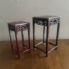 状態良好◇高さ約20cm 時代物 ミニ唐木高卓  唐木香炉台花台　唐木四方高卓　透かし彫 輪繋彫 茶道具 盆栽台 香炉台 飾り台 花台 インテリア 小ぶり　二つセット　まとめ売り