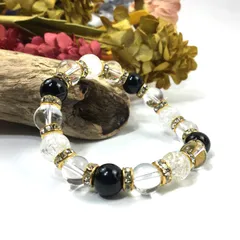 クラック水晶×水晶×オニキス パワーストーン ブレスレット (ゴールド) 10mm メンズ・レディース　浄化済み △