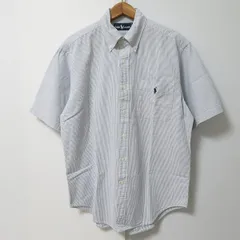 #snc ポロラルフローレン POLO RALPH LAUREN 半袖シャツ M 水色 白 ボタンダウン ストライプ 刺繍 ロゴ サッカー地 メンズ [965091]